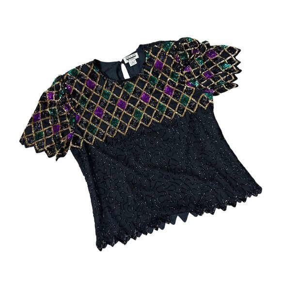 Vintage Sequin Beaded Top Large Black Purple Green Mardi Gras 1990s Shirt Fancy - Picture 1 of 10
